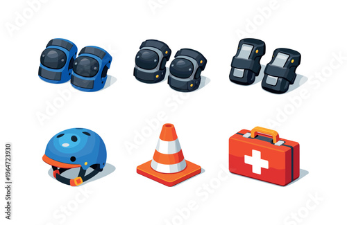 SkateSafety. Isometric flat vector icons set of SkateSafety: knee pads, elbow pads, wrist guards, skate helmet, safety cone, first aid kit. Arrange all