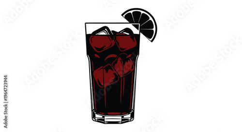 A refreshing glass of dark soda with ice and a lemon slice presented as a striking silhouette high quality professional detailed