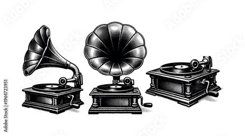 Gramophone ? A classic gramophone shown as the same object in three different views, emphasizing horn shape, turntable plate, and mechanical base proportions