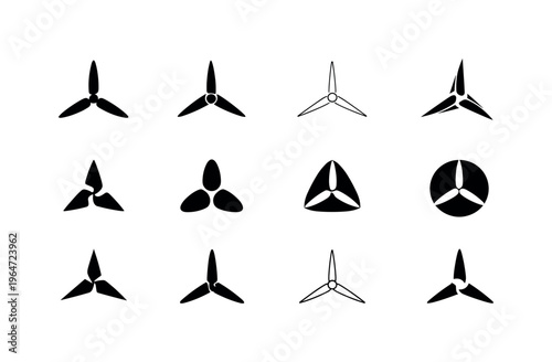 wind turbine blades. Icon set. Set Logo of wind turbine blades: abstract wind energy symbol. harmonious logo variations of the same emblematic concept, each