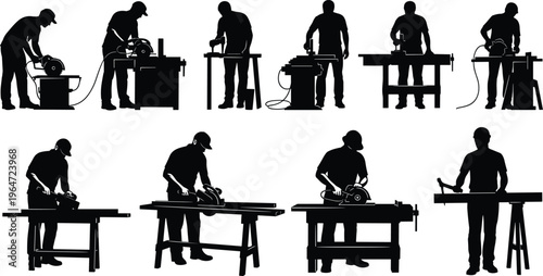 Carpenter worker silhouettes using woodworking tools and machines workshop construction labor vector set isolated black shapes industrial craft illustration, cad drawing flat vector illustration