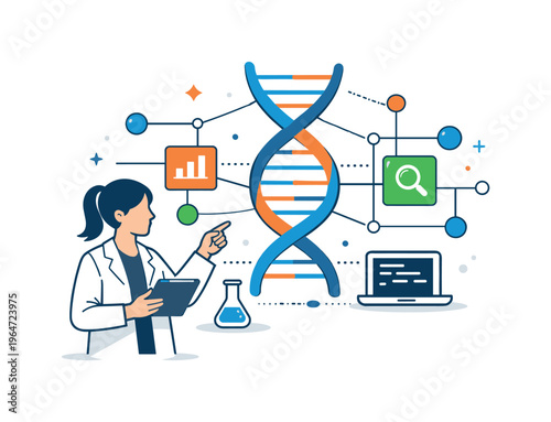 Biotech researcher DNA strand focused on a central helix combined with data nodes and connection lines, expressing bioinformatics, analysis, and