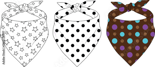 Dog bandana pattern set illustration featuring star polka dot designs tied scarf accessory pet fashion vector isolated clean style, cad drawing flat vector illustration