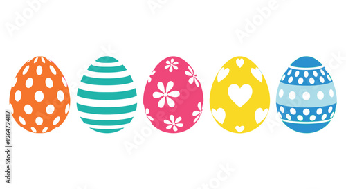 A row of five brightly colored and patterned easter eggs