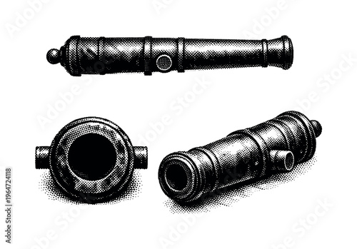 Shipwreck cannon, historic naval cannon with barrel and trunnions shown from side view, front view, and three-quarter angle with accurate proportions. Black