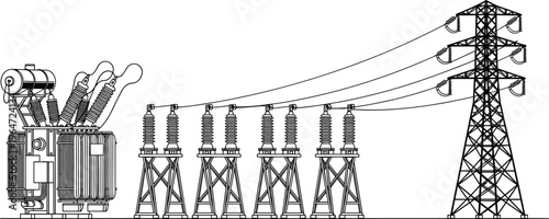 High voltage power transmission substation illustration with transformer insulators and transmission tower electrical grid infrastructure engineering vector line art design, cad drawing flat vector 