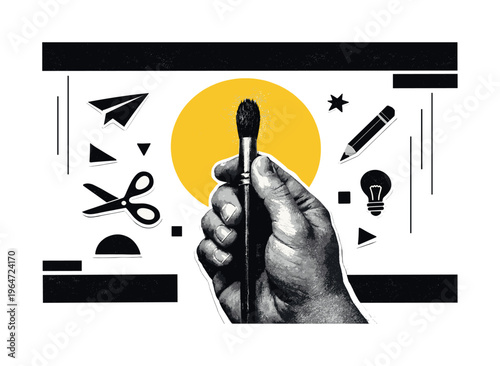 Black and white close-up of a hand holding a paintbrush with visible bristle texture, retro photographic grain, structured black rectangular blocks framing the