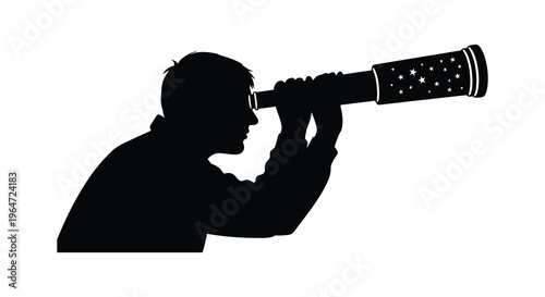 A person gazes through a telescope adorned with stars rendered as a striking black silhouette high quality professional detailed modern elegant