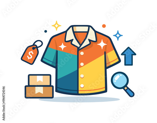 Vintage clothing flipping represented by a standout retro shirt highlighted with subtle sparkles, conveying curation, trend awareness, and resale appeal.