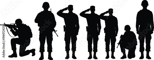 Military soldiers silhouettes set, army personnel collection, armed forces poses with rifles and salute, defense team vector illustration isolated, combat troops lineup, security service concept
