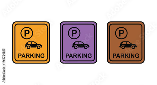 Colorful parking signs icons in yellow, purple, and brown on a white background, with car symbols and text.