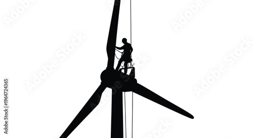 A worker ascends a wind turbine performing maintenance against a bright sky depicted in stark silhouette high quality professional detailed modern