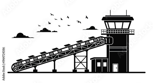 A striking black and white depiction of an airport control tower conveyor belt and birds in flight silhouette high quality professional