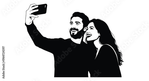 A cheerful couple takes a selfie together showcasing affection and modern connection presented as a silhouette high quality professional detailed elegant