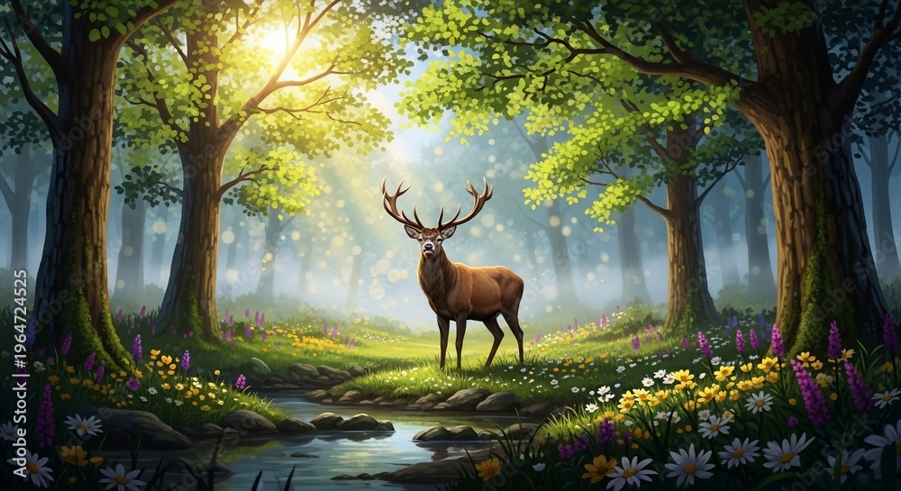 Naklejka premium Deer standing in forest sunlight