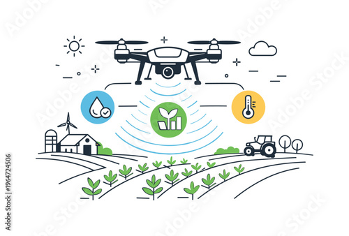 Agricultural drones. A drone flying calmly over farmland, scanning crops with soft radar lines and icons. A modern scene about automation and efficiency in