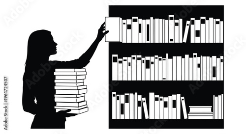 A woman reaches for a book on a shelf while holding a stack depicted in a striking silhouette high quality professional