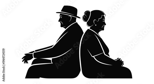 An elegant black silhouette depicts an elderly couple seated back to back showcasing a timeless connection silhouette high quality professional detailed modern stylish