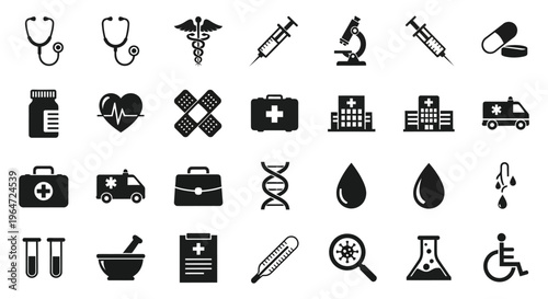 A collection of black medical icons including instruments symbols and equipment in a flat style silhouette high quality professional detailed modern