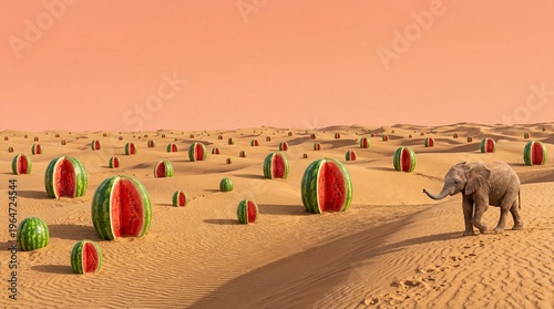 Elephant walking through desert landscape filled with giant sliced watermelons conceptual 3D art