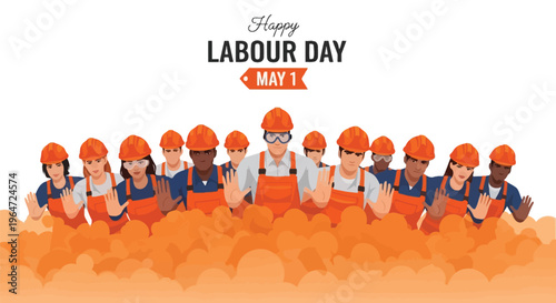 Happy labour day illustration featuring construction workers and celebratory text