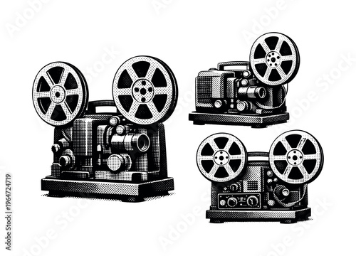 Film Projector ? retro educational projector. A retro educational film projector presented as one isolated object displayed in three views highlighting