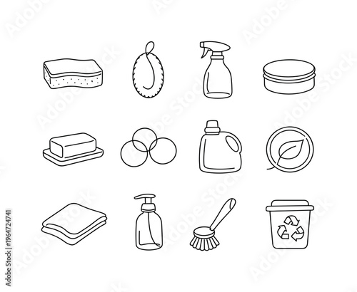 Sustainable Cleaning Tools. Minimalistic set one-line drawing compostable sponge, coconut fiber scrubber, reusable spray bottle, stainless steel cleaner tin,