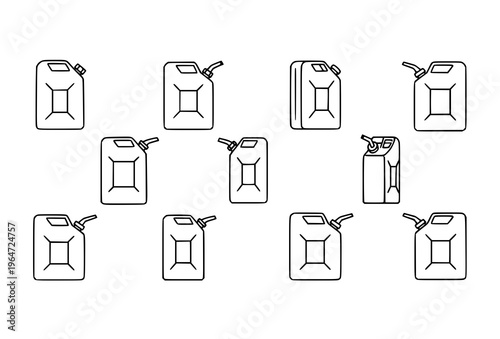 Minimal fuel canister icons set in black outline with handle and spout on white background editable stroke vector