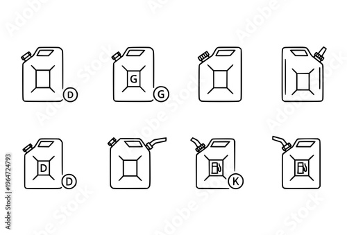 Minimal canister icon set for diesel, gasoline, and kerosene in editable stroke linear black outline vector