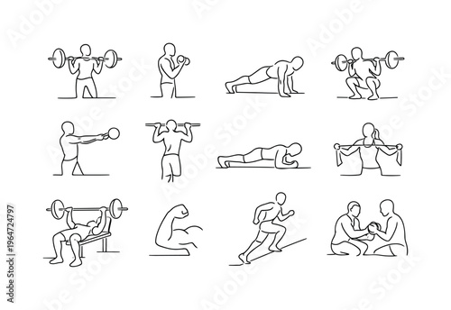 Building Strength. Minimalistic set one-line drawing person lifting barbell, dumbbell curl exercise, push up position, squat with bar, kettlebell swing, pull