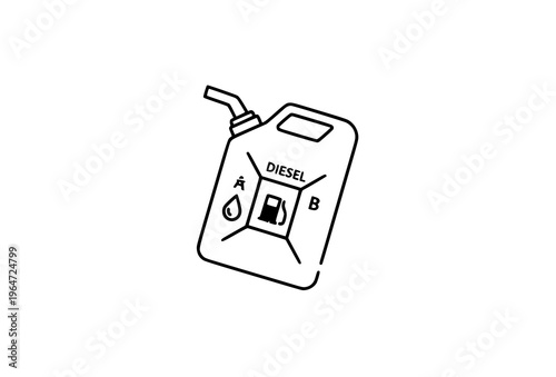 Tilting fuel canister icon with diesel, gasoline, kerosene symbols in editable stroke linear vector style