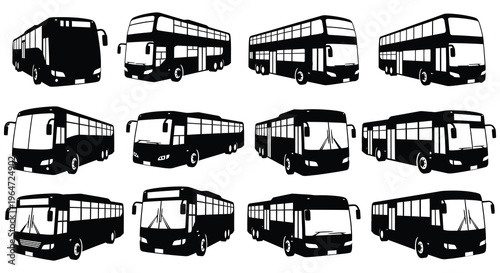 A collection of black double decker and single decker buses shown in various angles represented as a silhouette high quality professional detailed modern