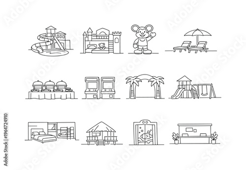 Family Friendly Themed Resort. Minimalistic set one-line drawing waterpark slide at hotel, themed kids bedroom, cartoon mascot statue, poolside lounge chairs,