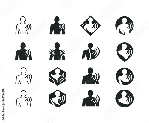 pain management therapy. Icon set. Set Logo of pain management therapy: human body with pain relief waves. harmonious logo variations of the same emblematic
