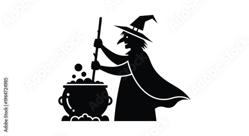 A black silhouette of a witch stirring a bubbling cauldron with a broom embodying halloween magic silhouette high quality professional detailed