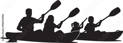 Silhouetted family enjoying an active kayaking adventure, paddling together in tandem boats for outdoor recreation and fun
