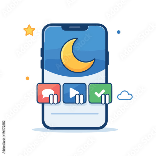 Focus mode interface elements represented by a smartphone display with a crescent moon icon and simplified app blocks paused in place. The illustration conveys