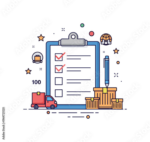 Delivery planning checklist concept showing a clipboard, ticking boxes, and small cargo icons suggesting accuracy, preparation, and dependable scheduling.