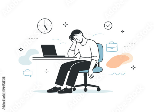 Social exhaustion at the office. A person alone after a workday, posture relaxed but drained, recovery after prolonged masking, soft abstract elements fading