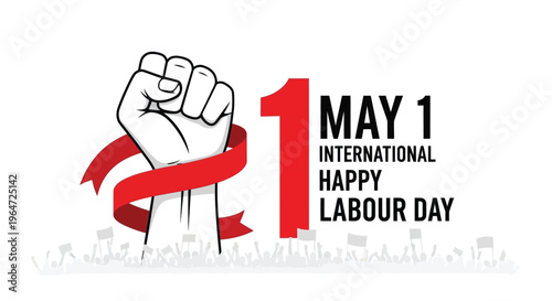 A clenched fist with a red ribbon celebrates international labour day