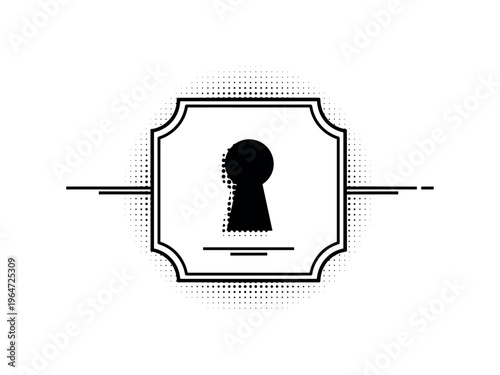 A minimal retro logo plaque featuring a bold keyhole silhouette framed by simple linear ornament, presented centrally with minimal composition, black and white