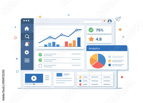 Web interface layouts shown through a dashboard style screen with charts, menus, and content panels, representing data organization and functional UI design.