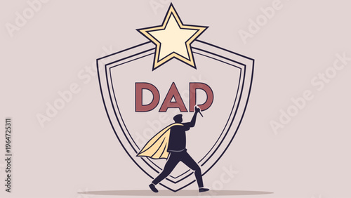 Vector illustration of Dad shield emblem with star trophy. Fathers Day award design for greeting card, banner, poster, label, and best father appreciation concept.