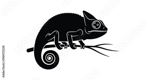 A striking black silhouette of a chameleon perched on a branch exhibiting its unique form silhouette high quality professional detailed modern