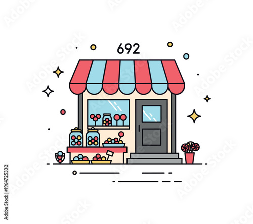 Mini candy shop storefront adorable tiny candy shop with a striped awning, small display of colorful sweets in jars and trays, and subtle decorative sparkles