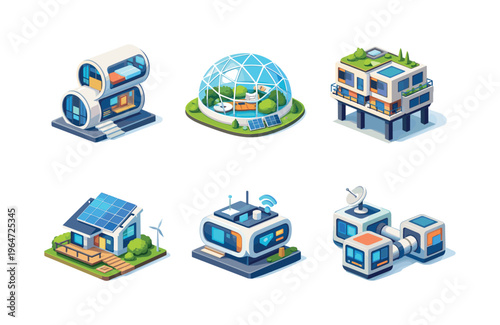 FutureHabitat. Isometric flat vector icons set of future habitat: modular living pod, glass biodome house, elevated habitat block, solar-panel residence, smart