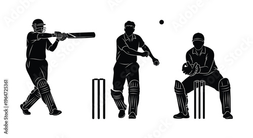 A dynamic cricket scene depicts a batter bowler and wicket keeper in stark black silhouette high quality professional detailed modern elegant stylish
