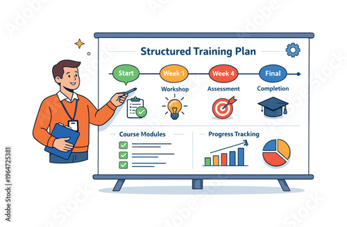 Training manager presentation board highlighting structured planning, combining a board with timeline elements and milestone icons to communicate organized