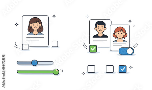 Data permission management. Checkboxes, sliders, and profile cards being selectively enabled, representing user choice and consent. Gentle motion lines add