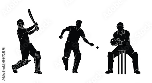 A dynamic illustration depicts three cricket players in action showcasing batting fielding and wicket keeping silhouette high quality professional detailed modern